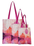 Digitally Printed Shopping Bag Tote Set Of 3 Small Medium Large Faux Silk Dupion,Taj Mahal Floral