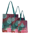 Digitally Printed Shopping Bag Tote Set Of 3 Small Medium Large Faux Silk Dupion,Floral