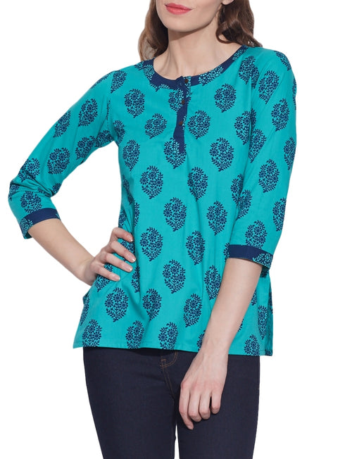 Cotton Printed Kurti Womens Clothing Tops,W-CPK40-1818,Size-40 Inch,TURQUOISE