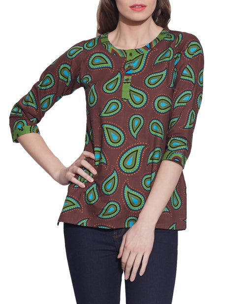 Cotton Printed Kurti Women Apparels Tops ,W-CPK32-1822,Size-32 Inch,BROWN