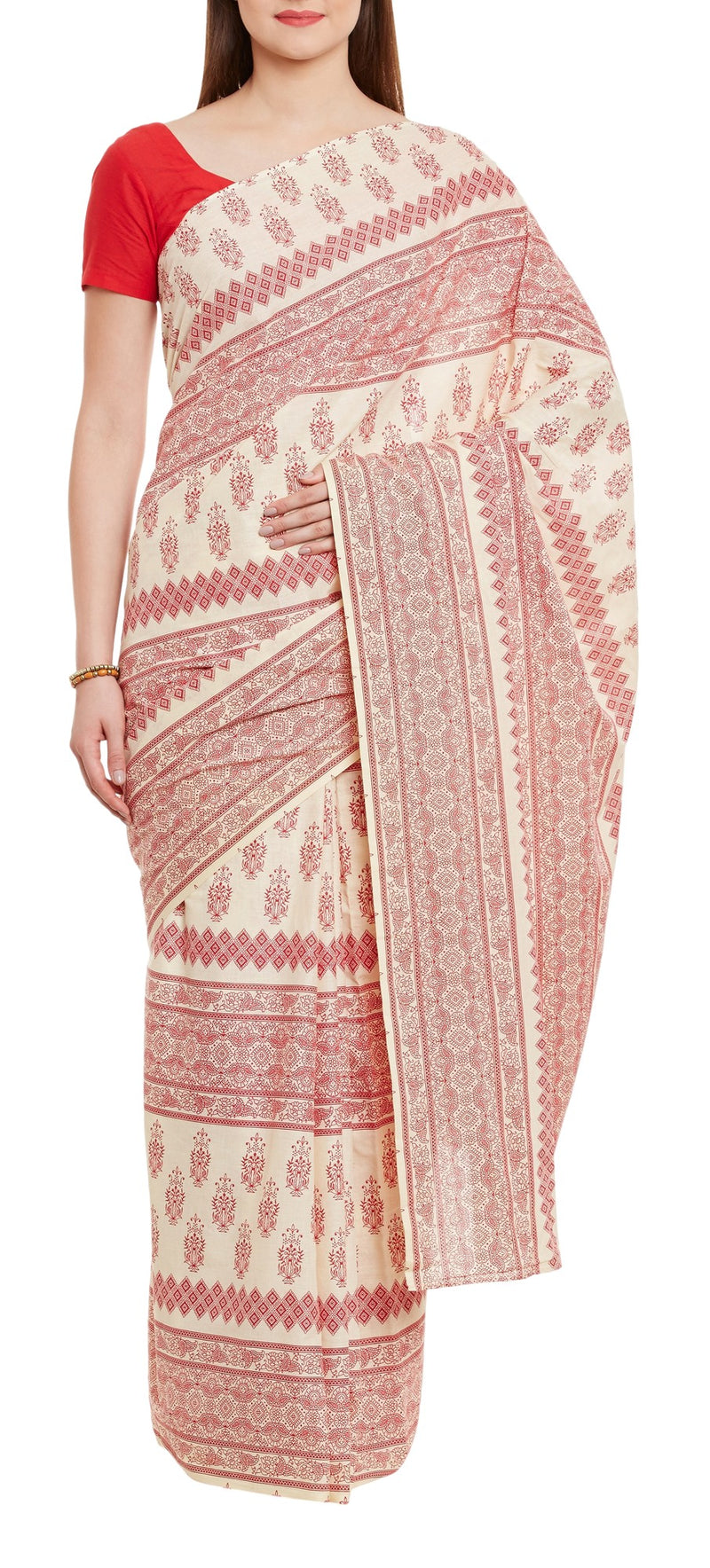 Women's Indian Warli Print Art Saree Cotton Set of 3 Sari Blouse Petticoat Skirt,W-CSR0340-5002