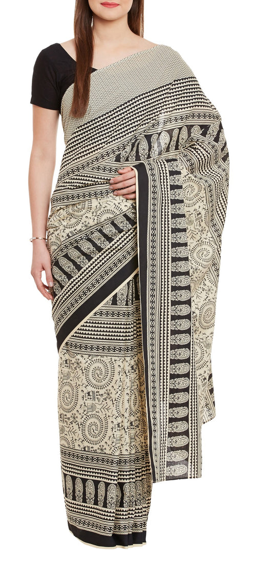 Women's Indian Warli Print Art Saree Cotton Set of 3 Sari Blouse Petticoat Skirt,W-CSR0336-5004