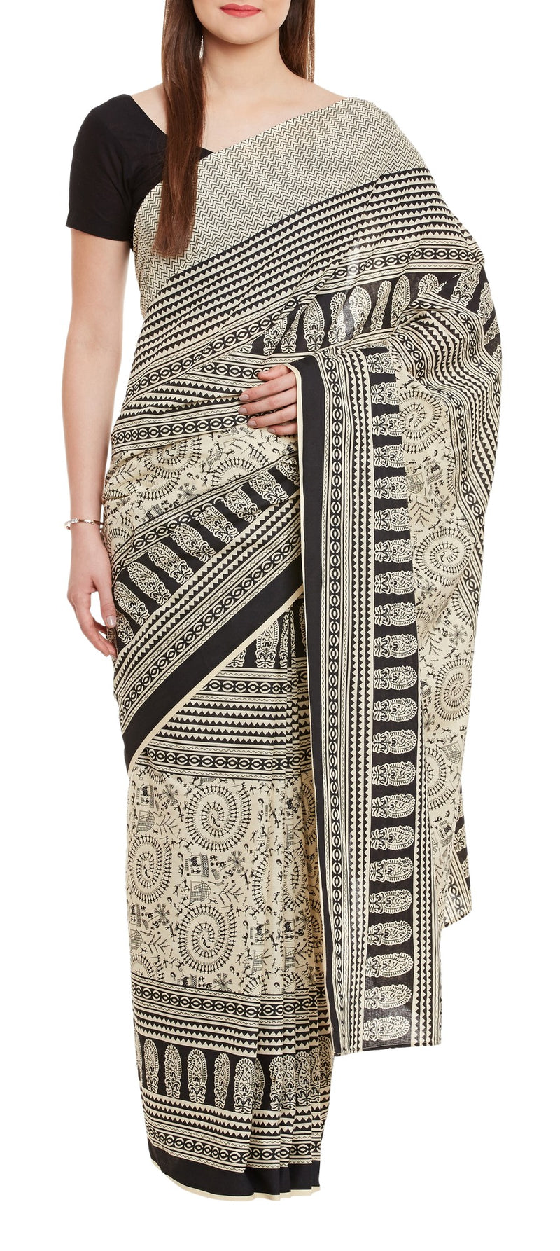 Women's Indian Warli Print Art Saree Cotton Set of 3 Sari Blouse Petticoat Skirt,W-CSR0338-5004