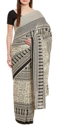 Women's Indian Warli Print Art Saree Cotton Set of 3 Sari Blouse Petticoat Skirt,W-CSR0342-5004