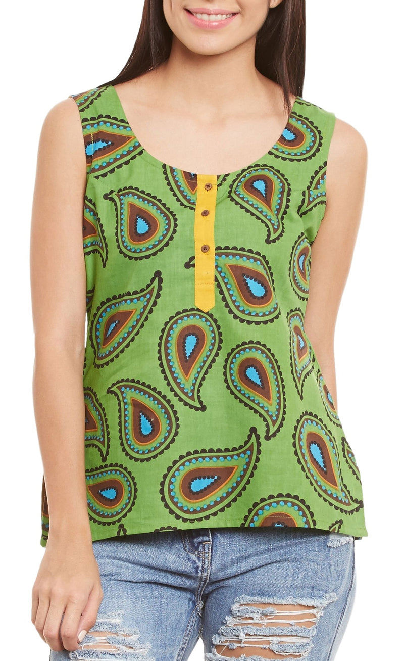 Womens Cotton Printed Short Top Kurti Sleeveless With Contrast Placket And Buttons,Medium,W-CST34-3101