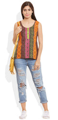 Womens Cotton Printed Short Top Kurti Sleeveless With Contrast Placket And Buttons,X-Large,W-CST38-3102