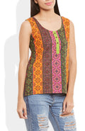 Womens Cotton Printed Short Top Kurti Sleeveless With Contrast Placket And Buttons,2X-Large,W-CST40-3102