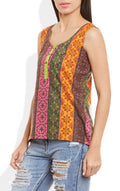 Womens Cotton Printed Short Top Kurti Sleeveless With Contrast Placket And Buttons,Medium,W-CST34-3102