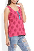 Womens Cotton Printed Short Top Kurti Sleeveless With Contrast Placket And Buttons,Small,W-CST32-3104