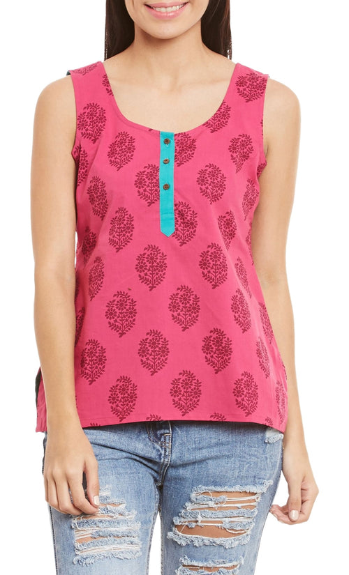 Womens Cotton Printed Short Top Kurti Sleeveless With Contrast Placket And Buttons,Medium,W-CST34-3104