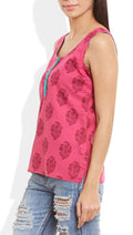 Womens Cotton Printed Short Top Kurti Sleeveless With Contrast Placket And Buttons,Small,W-CST32-3104