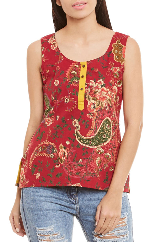 Womens Cotton Printed Short Top Kurti Sleeveless With Contrast Placket And Buttons,Large,W-CST36-3106