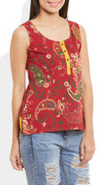 Womens Cotton Printed Short Top Kurti Sleeveless With Contrast Placket And Buttons,Medium,W-CST34-3106