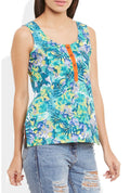 Womens Cotton Printed Short Top Kurti Sleeveless With Contrast Placket And Buttons,Small,W-CST32-3107