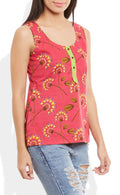 Womens Cotton Printed Short Top Kurti Sleeveless With Contrast Placket And Buttons,Large,W-CST36-3109