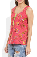 Womens Cotton Printed Short Top Kurti Sleeveless With Contrast Placket And Buttons,Small,W-CST32-3109