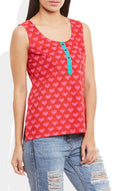 Womens Cotton Printed Short Top Kurti Sleeveless With Contrast Placket And Buttons,2X-Large,W-CST40-3111