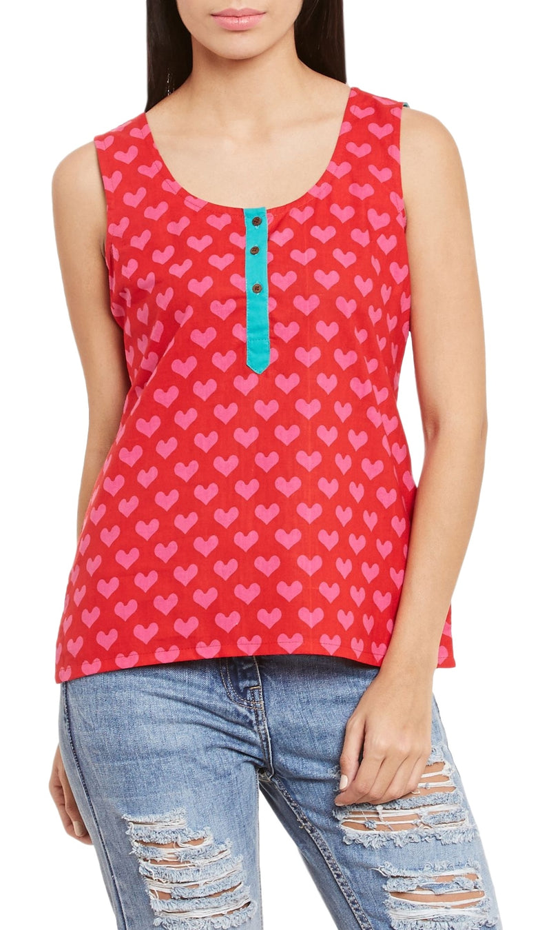 Womens Cotton Printed Short Top Kurti Sleeveless With Contrast Placket And Buttons,2X-Large,W-CST40-3111