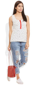 Womens Cotton Printed Short Top Kurti Sleeveless With Contrast Placket And Buttons,Medium,W-CST34-3112