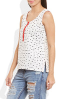 Womens Cotton Printed Short Top Kurti Sleeveless With Contrast Placket And Buttons,Medium,W-CST34-3112