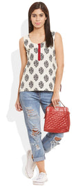 Womens Cotton Printed Short Top Kurti Sleeveless With Contrast Placket And Buttons,2X-Large,W-CST40-3113