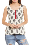 Womens Cotton Printed Short Top Kurti Sleeveless With Contrast Placket And Buttons,Small,W-CST32-3113