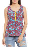 Womens Cotton Printed Short Top Kurti Sleeveless With Contrast Placket And Buttons,Large,W-CST36-3114