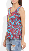 Womens Cotton Printed Short Top Kurti Sleeveless With Contrast Placket And Buttons,Small,W-CST32-3114