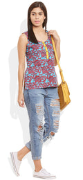 Womens Cotton Printed Short Top Kurti Sleeveless With Contrast Placket And Buttons,Small,W-CST32-3114