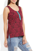 Womens Cotton Printed Short Top Kurti Sleeveless With Contrast Placket And Buttons,Medium,W-CST34-3115