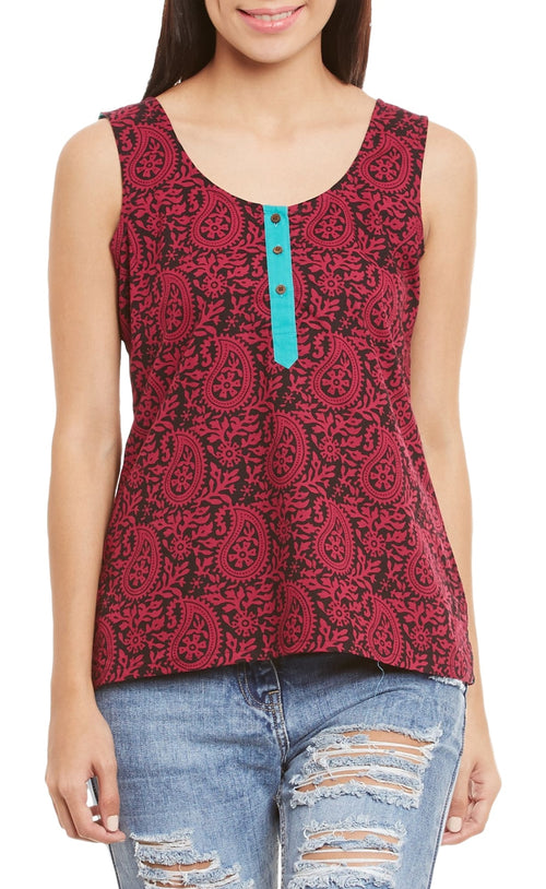 Womens Cotton Printed Short Top Kurti Sleeveless With Contrast Placket And Buttons,Small,W-CST32-3115