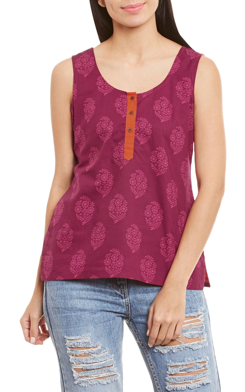 Womens Cotton Printed Short Top Kurti Sleeveless With Contrast Placket And Buttons,4X-Large,W-CST44-3118