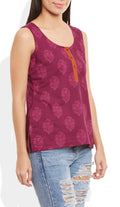 Womens Cotton Printed Short Top Kurti Sleeveless With Contrast Placket And Buttons,Small,W-CST32-3118