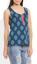 Womens Cotton Printed Short Top Kurti Sleeveless With Contrast Placket And Buttons,Small,W-CST32-3119