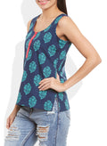 Womens Cotton Printed Short Top Kurti Sleeveless With Contrast Placket And Buttons,X-Large,W-CST38-3119