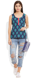 Womens Cotton Printed Short Top Kurti Sleeveless With Contrast Placket And Buttons,Small,W-CST32-3119