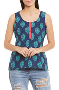 Womens Cotton Printed Short Top Kurti Sleeveless With Contrast Placket And Buttons,4X-Large,W-CST44-3119