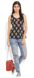 Womens Cotton Printed Short Top Kurti Sleeveless With Contrast Placket And Buttons,Small,W-CST32-3121