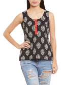 Womens Cotton Printed Short Top Kurti Sleeveless With Contrast Placket And Buttons,Small,W-CST32-3121