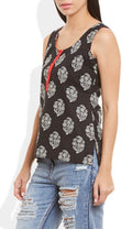 Womens Cotton Printed Short Top Kurti Sleeveless With Contrast Placket And Buttons,X-Large,W-CST38-3121