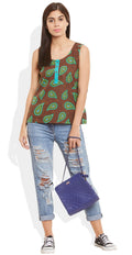 Womens Cotton Printed Short Top Kurti Sleeveless With Contrast Placket And Buttons,2X-Large,W-CST40-3122