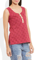 Womens Cotton Printed Short Top Kurti Sleeveless With Contrast Placket And Buttons,Medium,W-CST34-3123