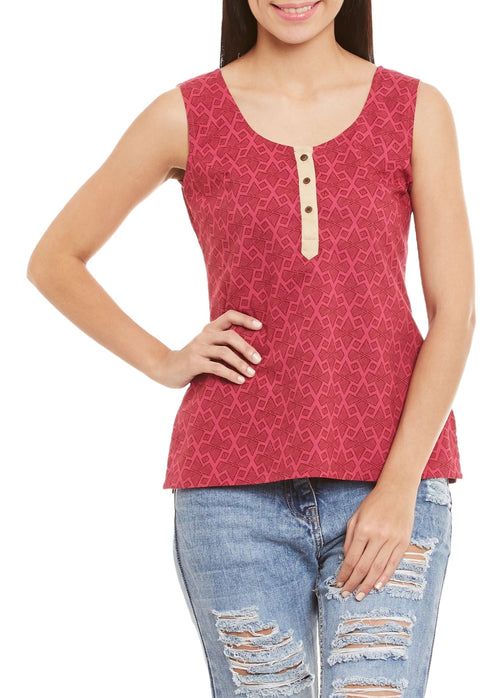 Womens Cotton Printed Short Top Kurti Sleeveless With Contrast Placket And Buttons,2X-Large,W-CST40-3123