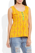 Womens Cotton Printed Short Top Kurti Sleeveless With Contrast Placket And Buttons,Small,W-CST32-3124