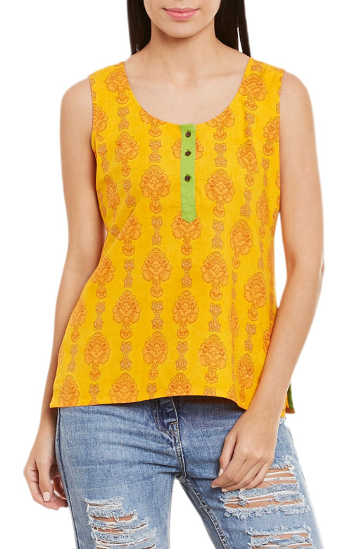 Womens Cotton Printed Short Top Kurti Sleeveless With Contrast Placket And Buttons,Medium,W-CST34-3124