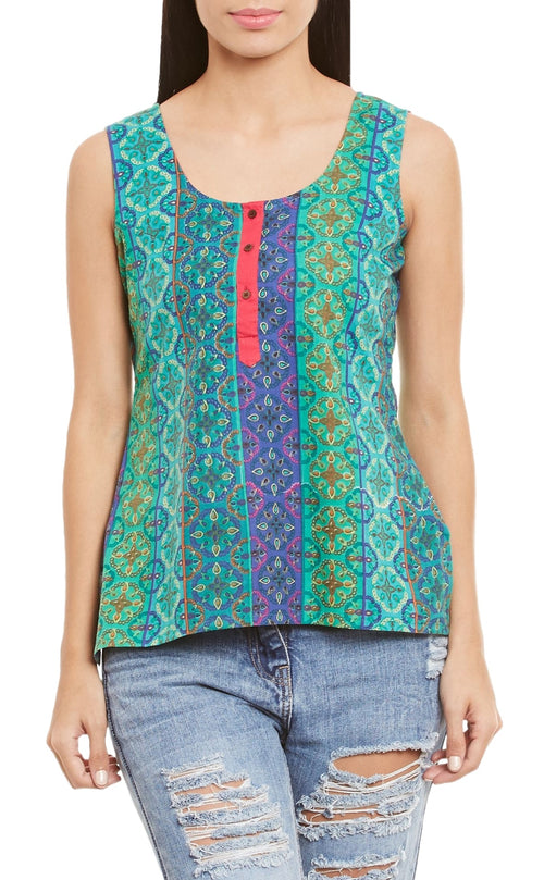 Womens Cotton Printed Short Top Kurti Sleeveless With Contrast Placket And Buttons,5X-Large,W-CST46-3125