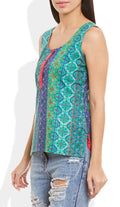 Womens Cotton Printed Short Top Kurti Sleeveless With Contrast Placket And Buttons,Small,W-CST32-3125