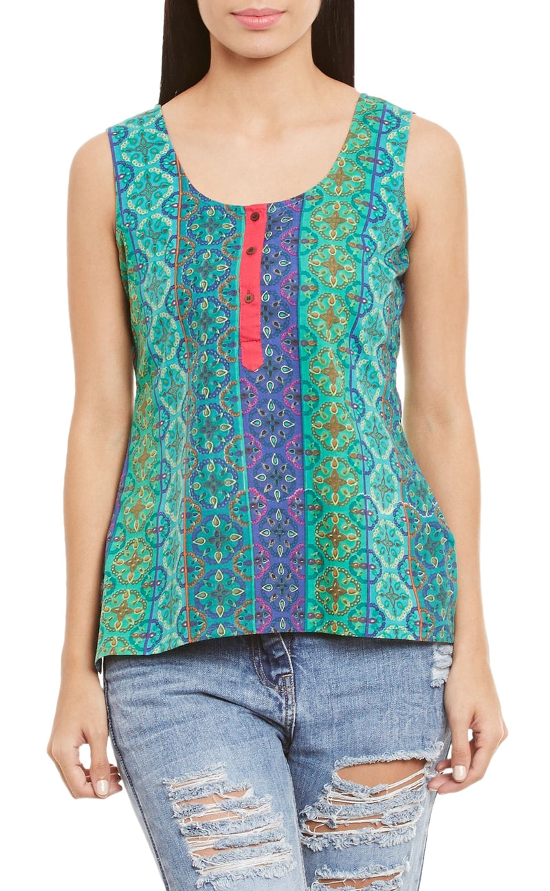 Womens Cotton Printed Short Top Kurti Sleeveless With Contrast Placket And Buttons,Large,W-CST36-3125