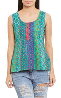 Womens Cotton Printed Short Top Kurti Sleeveless With Contrast Placket And Buttons,2X-Large,W-CST40-3125