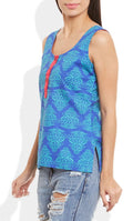 Womens Cotton Printed Short Top Kurti Sleeveless With Contrast Placket And Buttons,Medium,W-CST34-3126